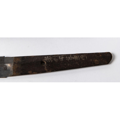 369 - A Japanese sword blade, 20”, with traces of wavy yakiba, the tang signed with six characters, in its... 