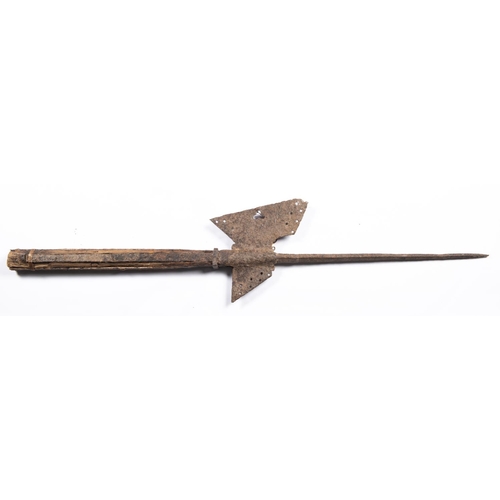 373 - A late 16th century halberd head, with 15” spike and pierced blade and beak, on 14” of the original ... 