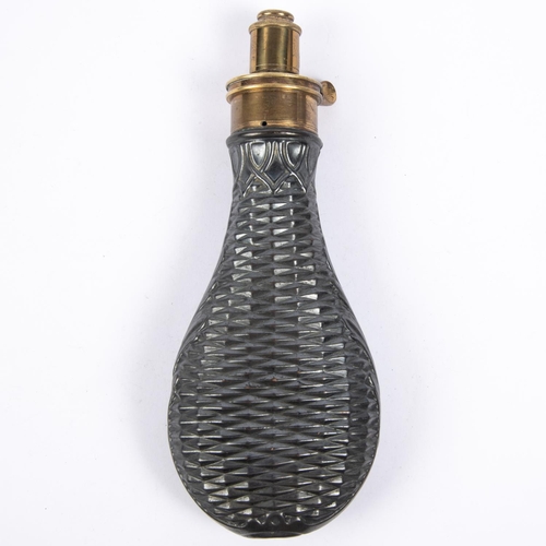 416 - A good embossed copper powder flask 