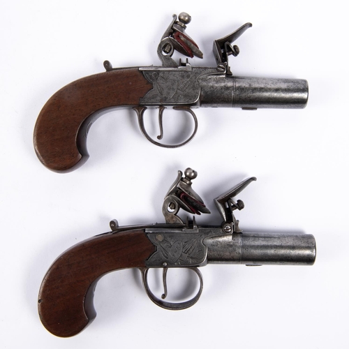 425 - A pair of 42 bore flintlock boxlock pocket pistols by Lowdell of Lewes, c 1825, 6¼