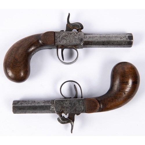 427 - A pair of mid 19th century continental 38 bore percussion boxlock pocket pistols, 7” overall, octago... 