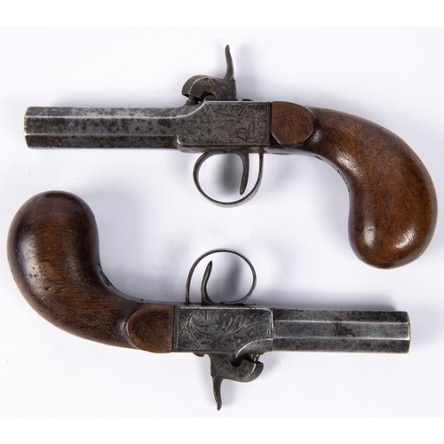 427 - A pair of mid 19th century continental 38 bore percussion boxlock pocket pistols, 7” overall, octago... 