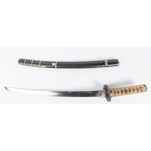 347 - A Wakizashi, in silver handachi mounting, the blade unsigned, c 1600, with details obscured, irregul... 