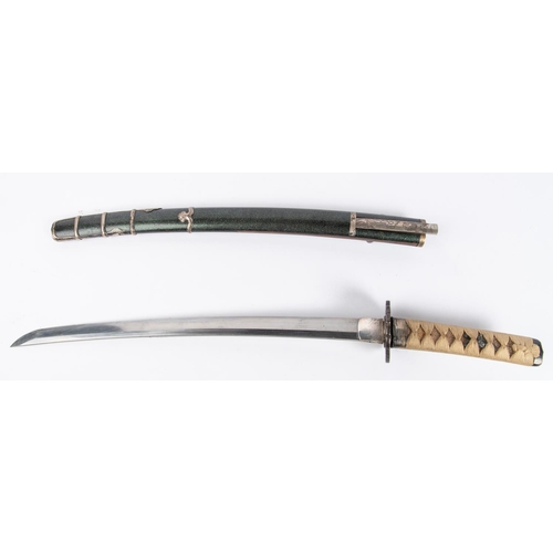 347 - A Wakizashi, in silver handachi mounting, the blade unsigned, c 1600, with details obscured, irregul... 