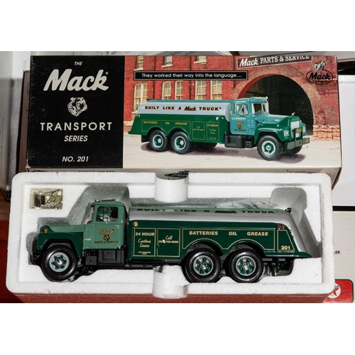 194 - 10 First Gear 1:34 scale Trucks. 1960 Model B-61 Mack Tandem Axle Tractor with Lowboy Trailer, Texac... 