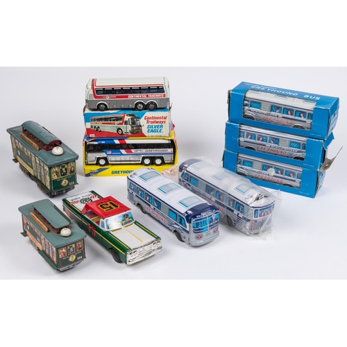 203 - 10 Tinplate Vehicles. 5 Friction powered Japanese Greyhound buses, 2 sizes length 20cm and 22cm. A B... 