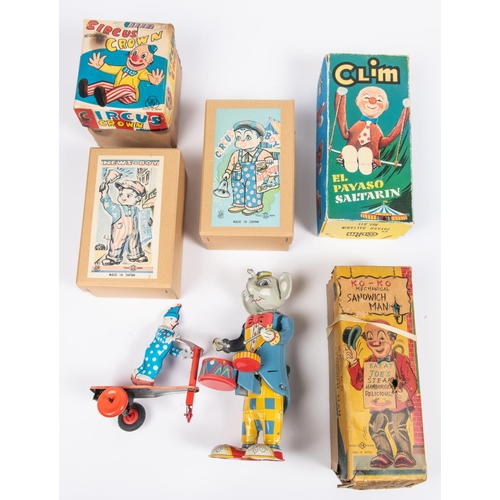 204 - 6 Tinplate Toys. Ko-Ko Clockwork Sandwich Man, by TN Japan. Circus Clown, by K Japan. 2x Reproductio... 