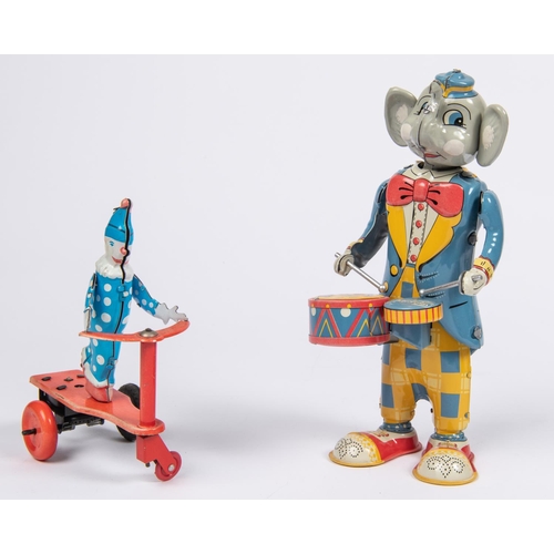 204 - 6 Tinplate Toys. Ko-Ko Clockwork Sandwich Man, by TN Japan. Circus Clown, by K Japan. 2x Reproductio... 