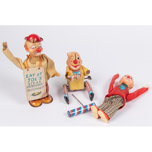 204 - 6 Tinplate Toys. Ko-Ko Clockwork Sandwich Man, by TN Japan. Circus Clown, by K Japan. 2x Reproductio... 