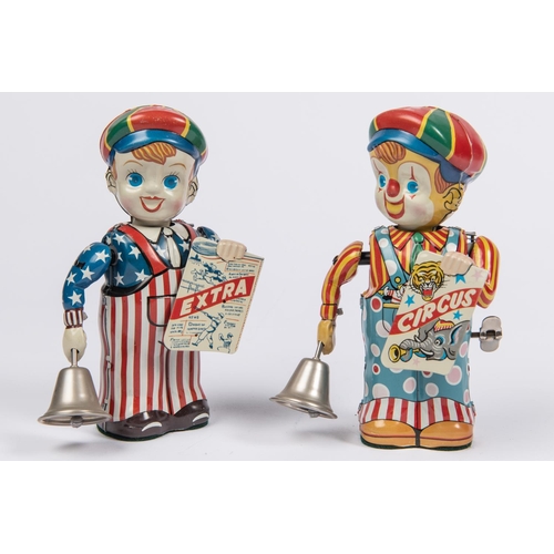 204 - 6 Tinplate Toys. Ko-Ko Clockwork Sandwich Man, by TN Japan. Circus Clown, by K Japan. 2x Reproductio... 