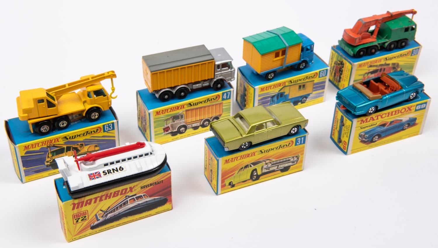 7x Matchbox Superfast. 30A 8-wheel Crane in green and orange. 31A ...