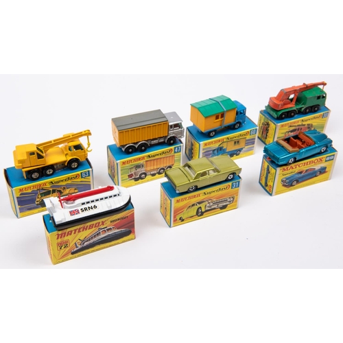 265 - 7x Matchbox Superfast. 30A 8-wheel Crane in green and orange. 31A Lincoln Continental in metallic li... 