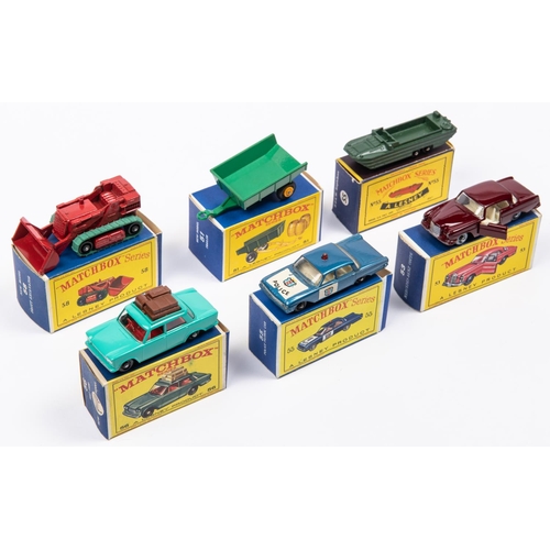 271 - 6x Matchbox Series. 51b; Tipping Trailer in green (barrels missing). 53b; Mercedes-Benz 220SE in mar... 