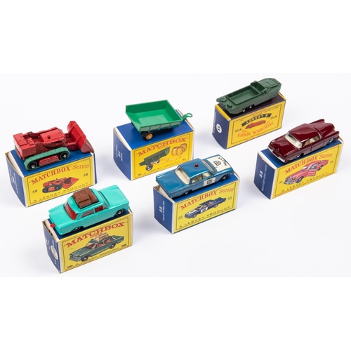 271 - 6x Matchbox Series. 51b; Tipping Trailer in green (barrels missing). 53b; Mercedes-Benz 220SE in mar... 