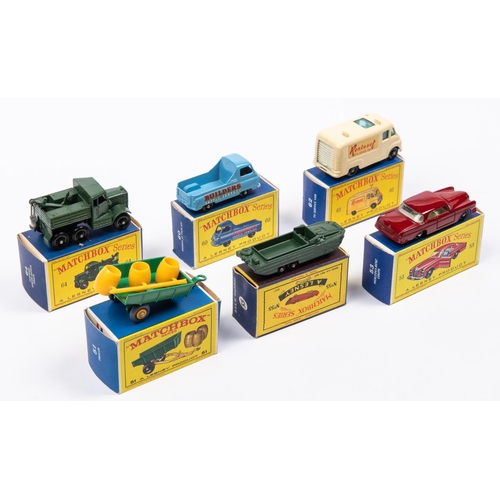 272 - 6x Matchbox Series. 51b; Tipping Trailer in green with 3x yellow barrels (still on sprue) and grey t... 