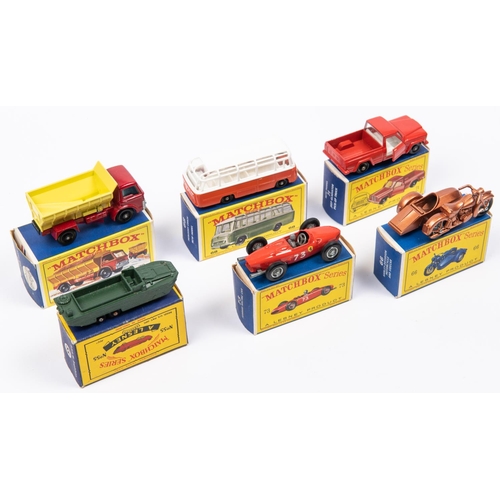 273 - 6x Matchbox Series. 55a; DUKW Amphibian in green. 66b; Harley-Davidson Motorcycle and sidecar in met... 