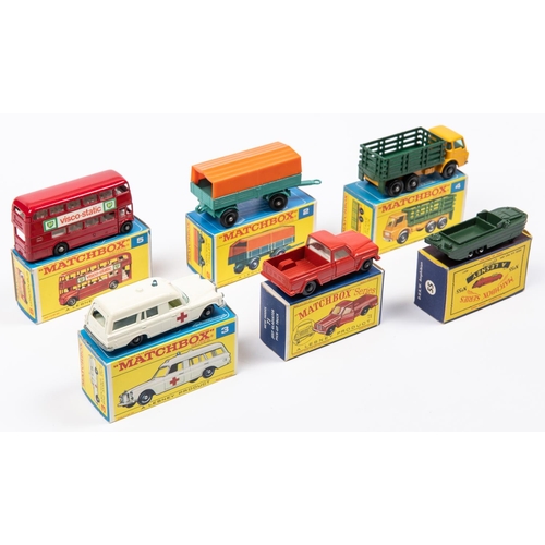 274 - 6x Matchbox Series. 55a; DUKW Amphibian in green. 71b; Jeep Gladiator Pick-Up in orange. 5d; Routema... 