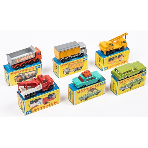 281 - 6x Matchbox Series. 47c; DAF Tipper Container Truck in silver with yellow container. 51c; AEC Mammot... 