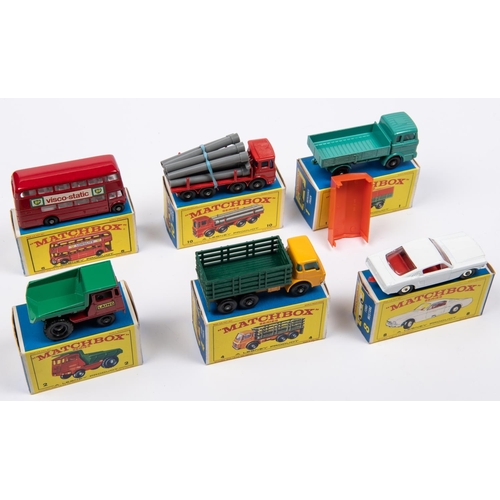 285 - 6x Matchbox Series. 1e; Mercedes Truck in turquoise and orange. 2c; Muir-Hill Site Dumper in red and... 