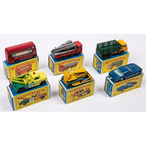 286 - 6x Matchbox Series. 4d; Dodge Stake Truck in yellow and green. 5d; Routemaster (70mm) in red with 'v... 