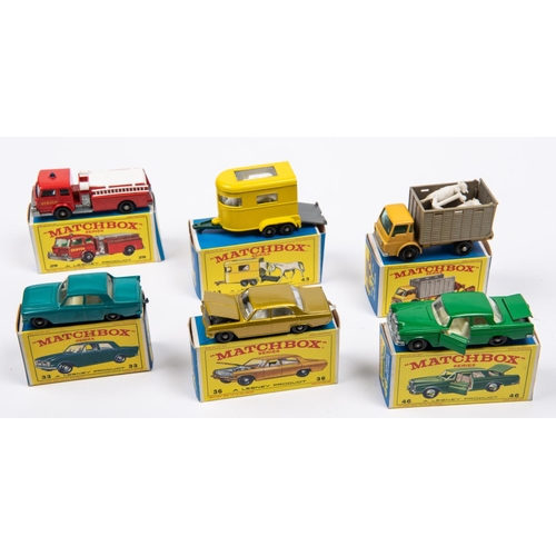 290 - 6x Matchbox Series. 29c; Fire Pumper Truck in red. 33b; Ford Zephyr 6 in sea-green with black plasti... 