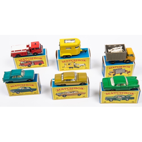 290 - 6x Matchbox Series. 29c; Fire Pumper Truck in red. 33b; Ford Zephyr 6 in sea-green with black plasti... 