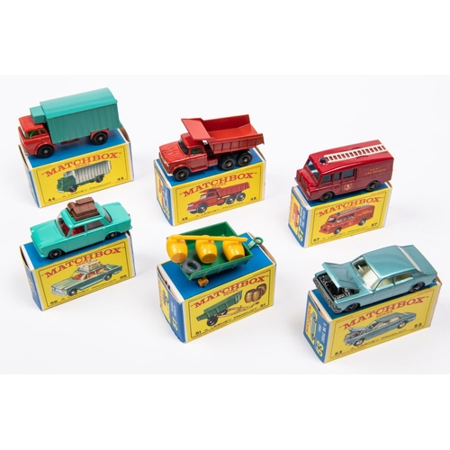 293 - 6x Matchbox Series. 44c; GMC Refrigerator Truck in red and sea-green. 48c; Dodge Dumper Truck in red... 