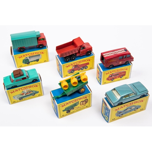 293 - 6x Matchbox Series. 44c; GMC Refrigerator Truck in red and sea-green. 48c; Dodge Dumper Truck in red... 