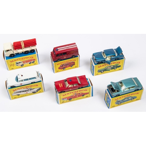 294 - 6x Matchbox Series. 46c; Mercedes 300SE Coupe in metallic blue with black plastic wheels. 53c; Ford ... 