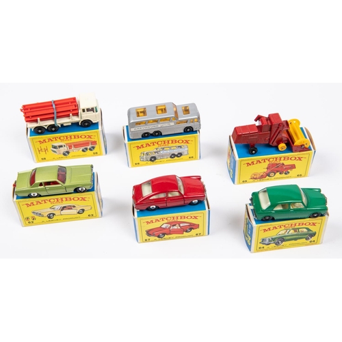 296 - 6x Matchbox Series. 58c; DAF Girder Truck in white. 62c; Mercury Cougar in metallic green with red i... 