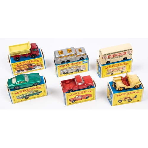 297 - 6x Matchbox Series. 66c; Greyhound Coach in silver. 70b; Ford Grit Spreader in red and yellow with g... 