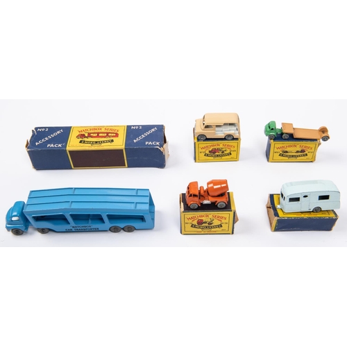 303 - 5 Matchbox Series. No.2 Accessory Pack. Bedford Car Transporter, in light blue with 'Matchbox Car Tr... 