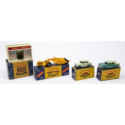 317 - 4x Matchbox Series. 29b; Austin A55 Cambridge in two-tone green with silver plastic wheels. 57a; Wol... 