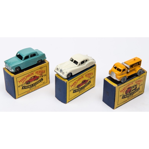 323 - 3 Matchbox Series. No.28 Bedford Compressor. Orange body with metal wheels. No. 32 Jaguar XK140. Off... 