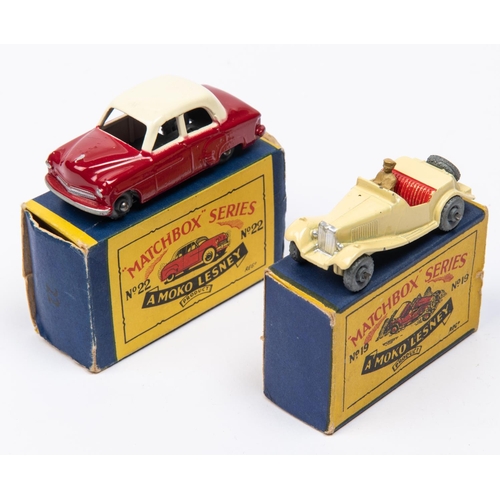 329 - 2 Matchbox Series. No.19 MG Midget TD. Cream body, brown driver, red seats, with metal wheels. No.22... 