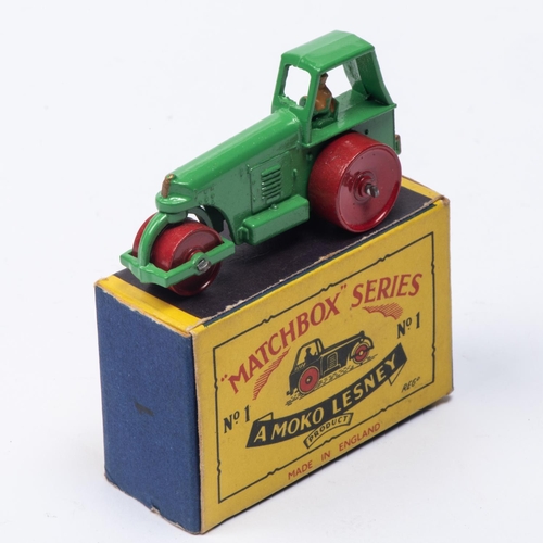 330 - A Matchbox Series No. 1 Aveling Barford Diesel Road Roller. In light green with red rollers and tan ... 