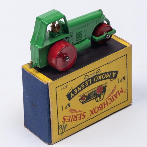 330 - A Matchbox Series No. 1 Aveling Barford Diesel Road Roller. In light green with red rollers and tan ... 