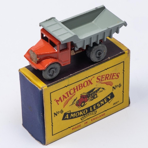 331 - A Matchbox Series No. 6 Quarry Truck. In orange with grey tipping body (six ribs) and grey metal whe... 