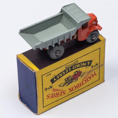 331 - A Matchbox Series No. 6 Quarry Truck. In orange with grey tipping body (six ribs) and grey metal whe... 