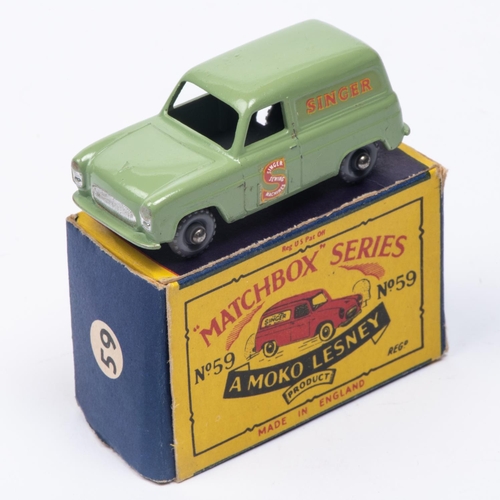 334 - Matchbox Series No.59 Ford Thames Van. An example in light green with 'SINGER' to side panels and 'S... 