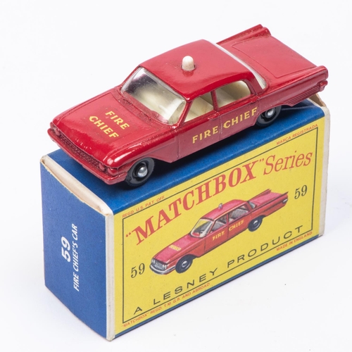 336 - Matchbox Series 59b; Ford Fairlane Fire Chief's Car in red with black plastic wheels. Boxed, minor w... 