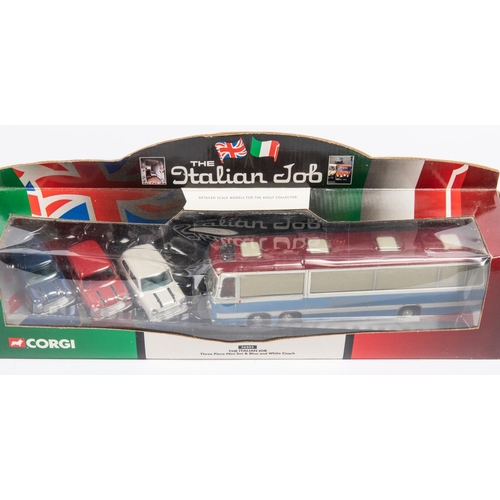 360 - A Corgi 'The Italian Job' set (36502). Containing 3x Minis and Bedford coach in blue and silver. Box... 