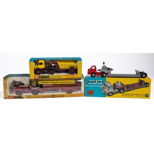 373 - 3x Corgi Toys. A Bedford Carrimore Detachable axle Machinery Carrier (1104) with red cab and silver ... 