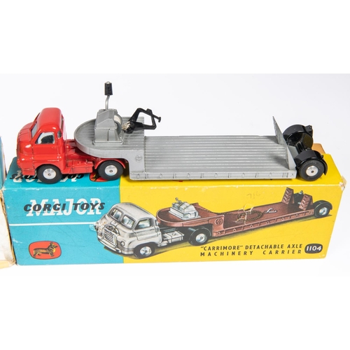 373 - 3x Corgi Toys. A Bedford Carrimore Detachable axle Machinery Carrier (1104) with red cab and silver ... 