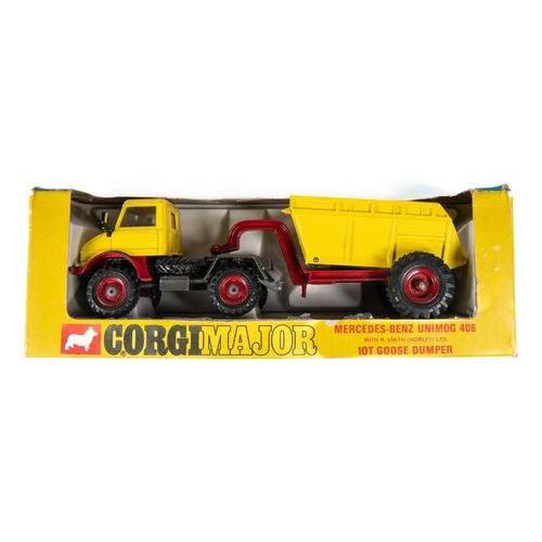 373 - 3x Corgi Toys. A Bedford Carrimore Detachable axle Machinery Carrier (1104) with red cab and silver ... 