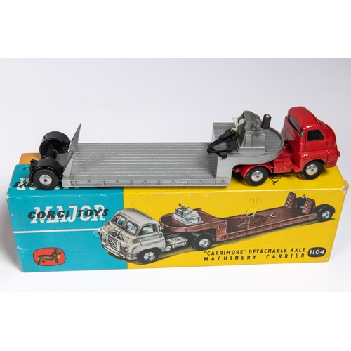 373 - 3x Corgi Toys. A Bedford Carrimore Detachable axle Machinery Carrier (1104) with red cab and silver ... 