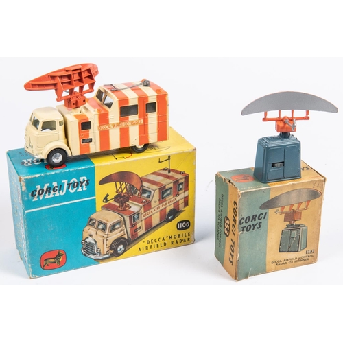 377 - 2x Corgi Toys. A Decca Mobile Airfield Radar (1106) in cream with 5x orange bands. Together with a D... 