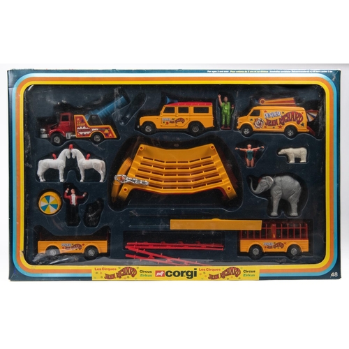 379 - A Corgi Pinder Circus set (48). Comprising 3x vehicles and 2x trailers in Pinder Jean Richard livery... 