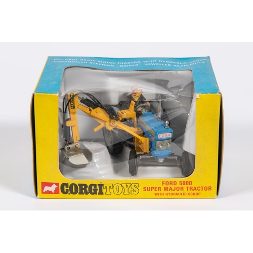 383 - A Corgi Toys Ford Super Major Tractor with Hydraulic Scoop (74). Tractor in blue with yellow arm and... 