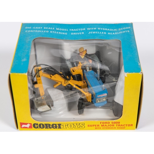 383 - A Corgi Toys Ford Super Major Tractor with Hydraulic Scoop (74). Tractor in blue with yellow arm and... 